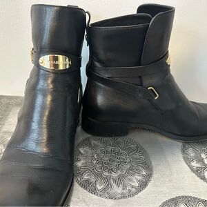 Michael Kors Black Leather Ankle Boots with Gold Buckle